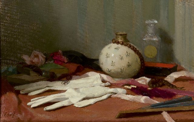 Salomon Garf | Stilleben mit weissen Handschuhen, Vase und Fächer, Öl auf Leinwand, 33,7 x 52,9 cm, Unterzeichnet l.u.
