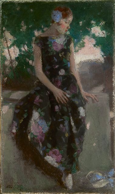 Gonin J.F.  | A young woman sitting on a terrace wall, Öl auf Leinwand 66,1 x 39,3 cm, signed l.l.