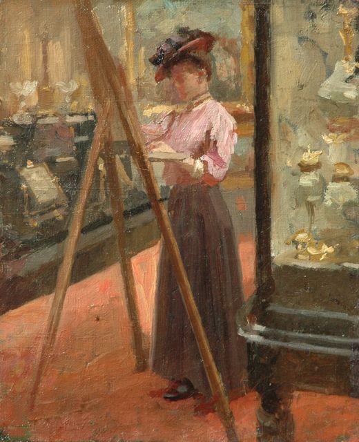 Hollandse School | Geertruida Altingh Mees, painting in the Bonneterie, Amsterdam, Öl auf Leinwand, 28,0 x 22,9 cm, te dateren ca. 1900