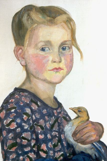 Onbekend | A girl with a pigeon, Öl auf Malereifaser, 40,0 x 30,0 cm, signed l.r. with monogram I.M.