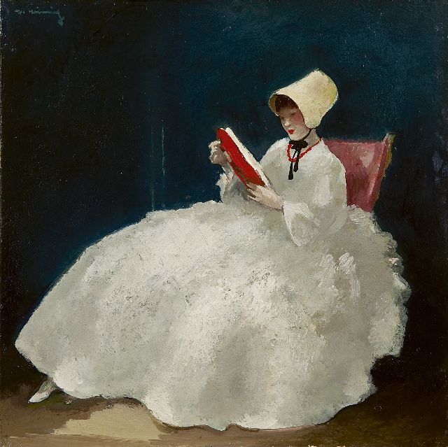 Walter Heimig | A girl reading with bonnet, Öl auf Tafel, 30,0 x 30,1 cm, signed u.l.