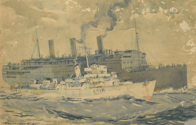 Robert Trenaman Back | Passagierschiff und Kriegsschiff auf hoher See, Aquarell auf Papier, 22,0 x 33,8 cm, Unterzeichnet l.u. und datiert '45, ohne Rahmen