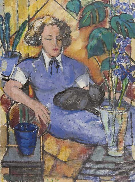 Louis Saalborn | Frau mit Katze, Öl auf Leinwand, 120,8 x 90,4 cm, Unterzeichnet M.u. mit Initialen und datiert '50