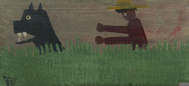 Brown T.  | Mann und Hund, Öl auf Holz 28,4 x 61,1 cm, Unterzeichnet l.u. mit Initialen und zu datieren 1960-1970