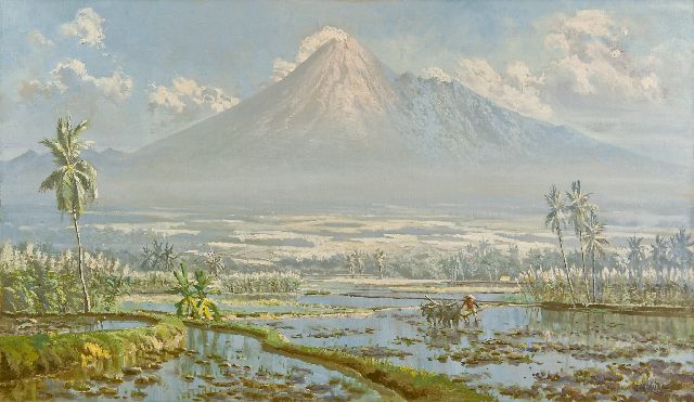 Abdullah R.B.  | Ein javanischer Bauer beim Pflügen, mit dem Merapi im Hintergrund, Öl auf Leinwand 75,0 x 130,0 cm, Unterzeichnet r.u.