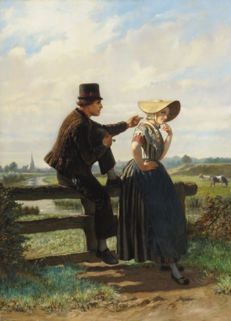 Dillens A.A.  | The flirtation, Öl auf Holz 72,7 x 53,5 cm, signed l.c. und dated 1858