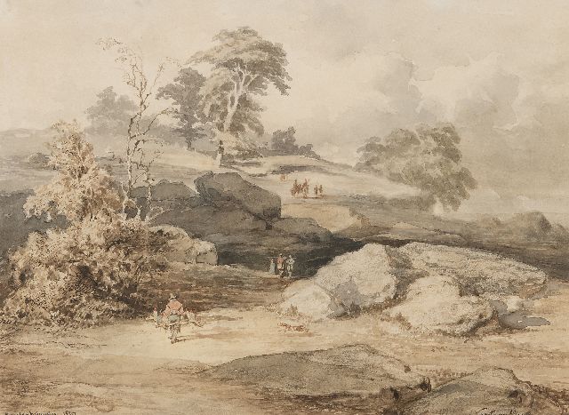 Martinus Antonius Kuytenbrouwer II | Falkenjagd bei Fontainebleau, Braune Tinte, schwarze Kreide und Aquarell auf Papier, 24,6 x 34,0 cm, Unterzeichnet u.l. und datiert 1874