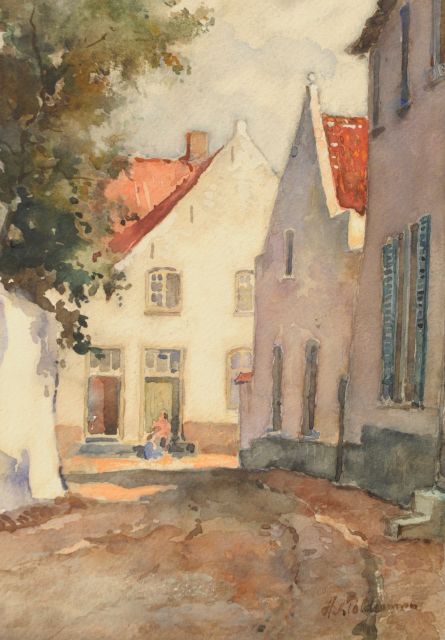 Polderman H.N.  | A sunlit street in a Dutch town, Aquarell auf Papier 26,5 x 19,4 cm, signed l.r.