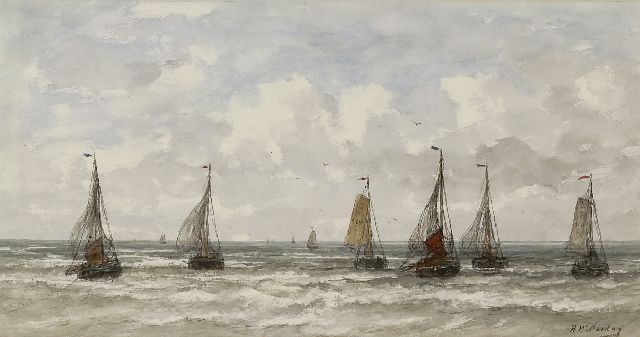 Hendrik Willem Mesdag | Sailing vessels in the breakers, Aquarell und Gouache auf Papier, 34,7 x 65,7 cm, signed l.r.
