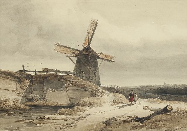 Willem Roelofs | A windmill in a hilly landscape, Tinte und Aquarell auf Papier, 19,9 x 28,0 cm, signed l.r. und dated 1847