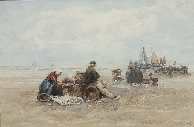 Johannes Marius ten Kate | Scheveninger Fischerfamilie am Strand, Aquarell und Öl auf Papier, 29,8 x 45,2 cm, Unterzeichnet r.u.