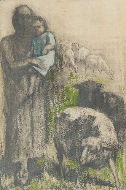 Bautz D.  | Schäfer mit einem Kind, Pastell auf Papier 47,6 x 32,2 cm, Unterzeichnet r.u.