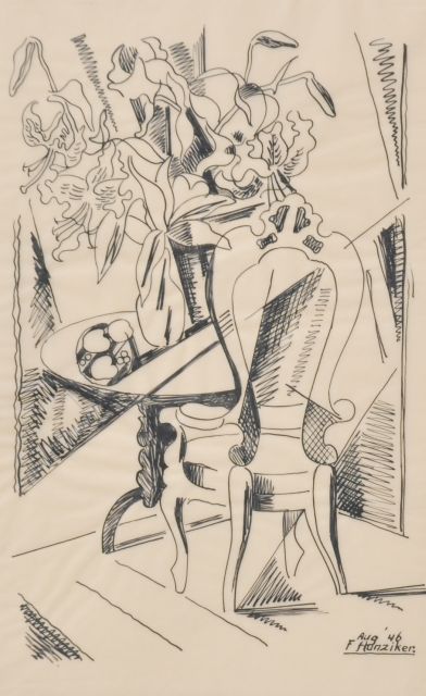 Frieda Hunziker | A still life with flowers on a table and a chair, Feder und Tinte auf Pergament, 33,4 x 23,5 cm, Unterzeichnet u.r. und datiert Aug '46