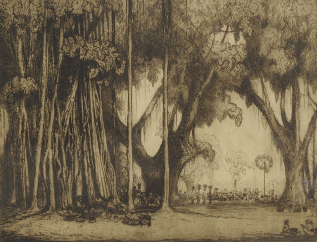 Jan Poortenaar | Indonesische Landschaft mit Markt, Radierung auf Papier, 53,1 x 66,1 cm, Unterzeichnet r.u. ( in Bleistift )