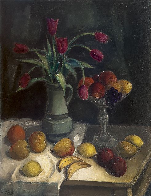 Arnout Colnot | Stilleben mit Obst und Tulpen auf einem Tisch, Öl auf Leinwand, 92,2 x 70,4 cm, Unterzeichnet l.u.