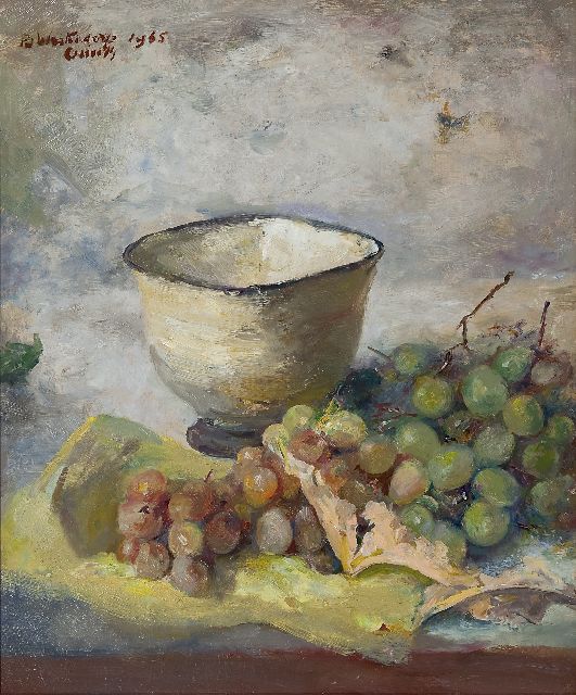 Betsy Osieck | A still life with grapes and a bowl, Öl auf Malereifaser, 45,9 x 37,9 cm, signed u.l. und dated 1965