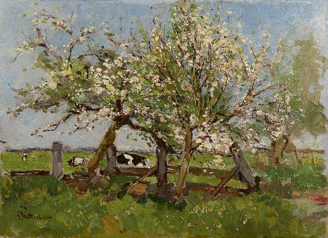 Louis Stutterheim | Blütenbäume in einer Wiese mit Kühen, Öl auf Holzfaser, 28,6 x 39,7 cm, Unterzeichnet l.u.