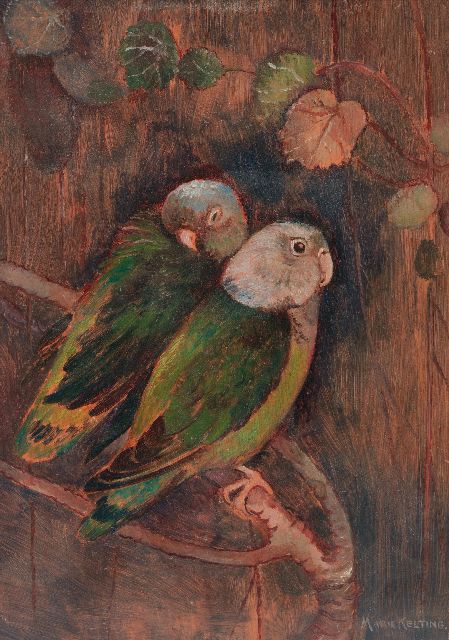 Marie Kelting | Zwei grüne Sittiche, Öl auf Holzfaser, 23,1 x 16,6 cm, Unterzeichnet r.u.