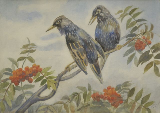 Marie Kelting | Two birds on a branch, Aquarell auf Papier auf Pappe, 25,5 x 35,9 cm, signed l.r.