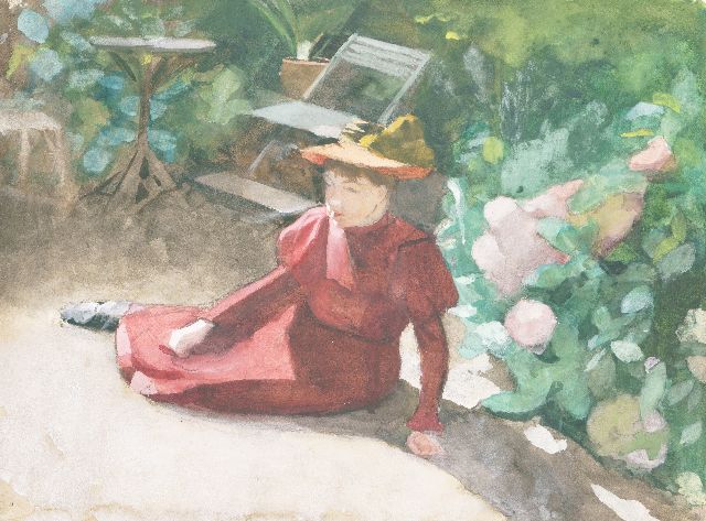 Marie Heineken | Posierende Frau in einem Garten, Aquarell auf Papier, 44,5 x 55,6 cm