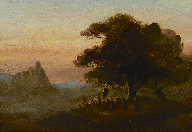 Johannes Tavenraat | A landscape with a procession under an oak tree, Öl auf Papier auf Holz, 24,0 x 34,0 cm