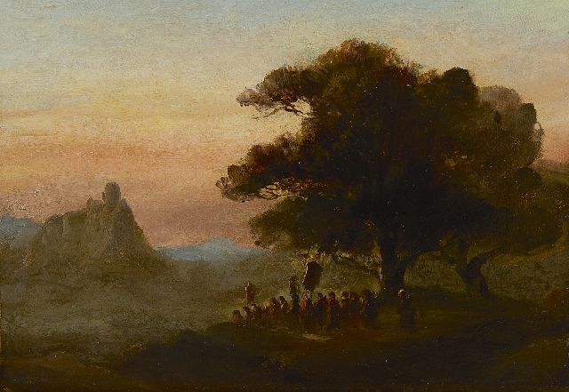 Johannes Tavenraat | A landscape with a procession under an oak tree, Öl auf Papier auf Holz, 24,0 x 34,0 cm