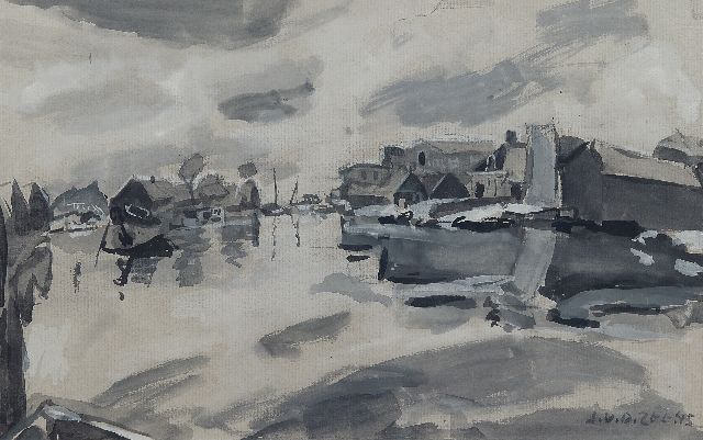 Jan van der Zee | A harbour in winter, Schwarze Kreide und Aquarell auf Papier, 32,5 x 51,4 cm, signed l.r. und dated '45