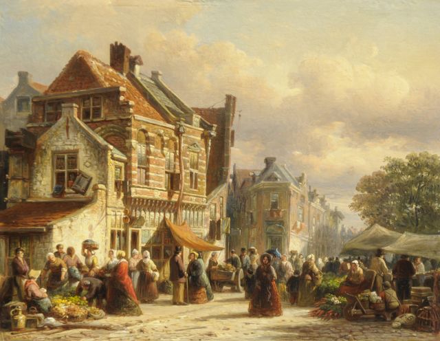 Elias Pieter van Bommel | A vegetable market in a Dutch town, Öl auf Holz, 27,0 x 34,9 cm, signed l.l. und dated '52