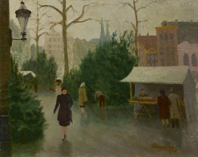 Jan Jacob Houillier | Street with figures, Öl auf Holzfaser, 40,3 x 50,4 cm, signed l.r. und dated 1948