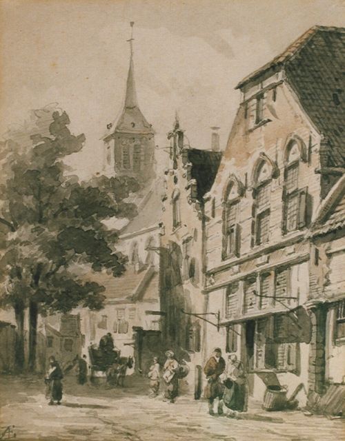 Adrianus Eversen | Street with pedestrians and a horse-drawn cart, Sepia auf Papier, 18,5 x 14,5 cm, signed l.l. with monogram