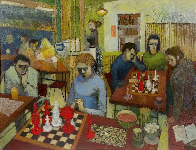 Europese School, 20e eeuw | Schachspieler im Café, Öl auf Malereifaser, 68,4 x 91,6 cm, Unterzeichnet r.u. mit Initialen 'R.S.' und datiert 1956