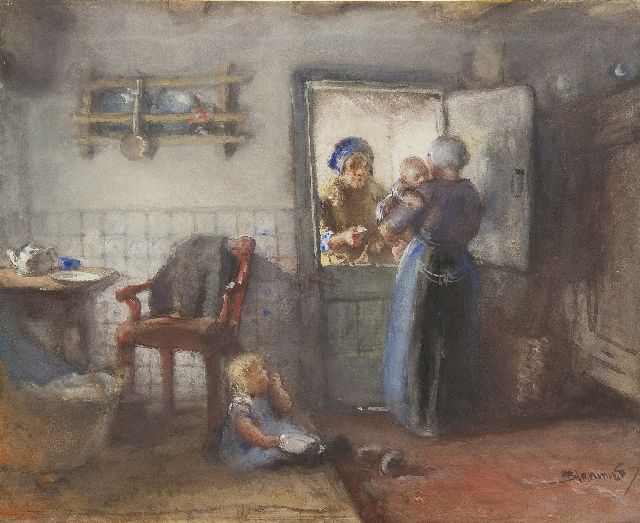 Bernard Blommers | Chatting at the kitchen door, Aquarell auf Papier, 20,0 x 24,2 cm, signed l.r.