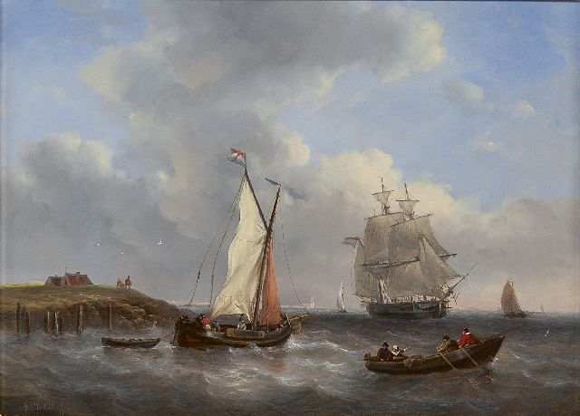 George Willem Opdenhoff | Schiffe am Hafendamm, Öl auf Tafel, 29,4 x 40,2 cm, Unterzeichnet l.u.