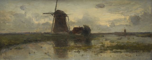 Constan Gabriel | Windmill in Dutch landscape at sunset, Öl auf Leinwand, 25,3 x 60,5 cm, signed l.l.