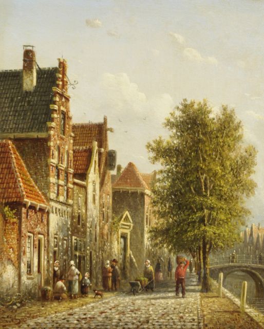 Johannes Franciscus Spohler | A sunny canal in a Dutch town, Öl auf Holz, 19,4 x 15,8 cm, signed l.l.