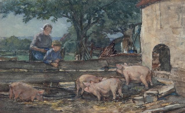 Johannes Evert Akkeringa | Der Dries bei den Schweinen, Aquarell auf Papier, 27,7 x 45,0 cm, Unterzeichnet l.u.