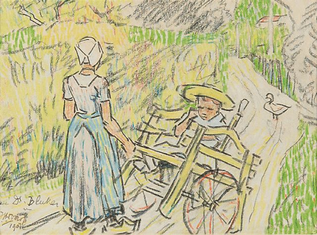 Jan Toorop | Kindermädchen mit Fransje Elout und der zahmen Gans 'de Poele' in Domburg, Farbkreide auf Papier, 11,0 x 15,1 cm, Unterzeichnet u.l. und datiert 1907