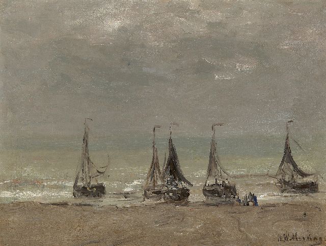 Hendrik Willem Mesdag | Five fishing boats on the beach, Öl auf Leinwand auf Tafel, 30,4 x 40,4 cm, signed l.r.