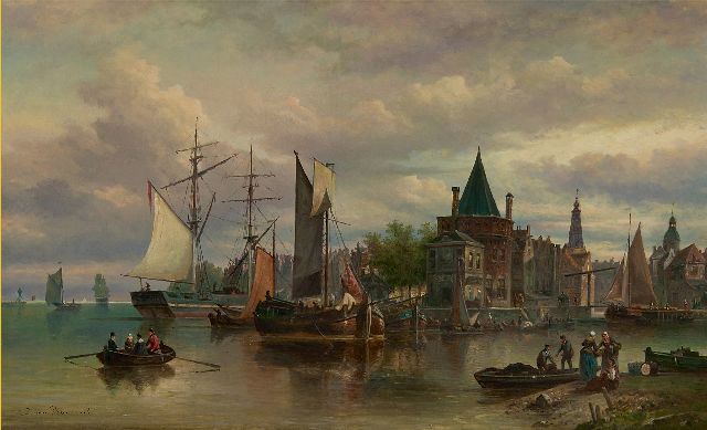 Bommel E.P. van | Fantasieansicht von Amsterdam mit den Schreierstoren, Öl auf Leinwand 50,3 x 82,4 cm, Unterzeichnet u.l.