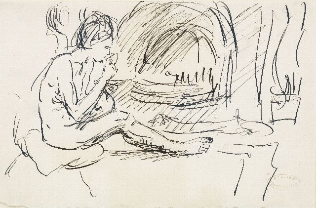 Isaac Israels | Sitzender weiblicher  Akt, Feder und Tinte auf Papier, 13,2 x 20,9 cm