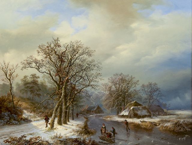 Willem Bodeman | A winter landscape with skaters and farmers gathering wood, Öl auf Holz, 58,0 x 75,4 cm, signed l.l.