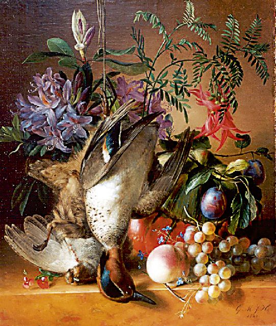Geertruida Margaretha Jacoba Huidekoper | A still life with flowers, fruits and dead game, Öl auf Leinwand auf Holz, 54,2 x 46,3 cm, signed l.r. with initials und dated 1844
