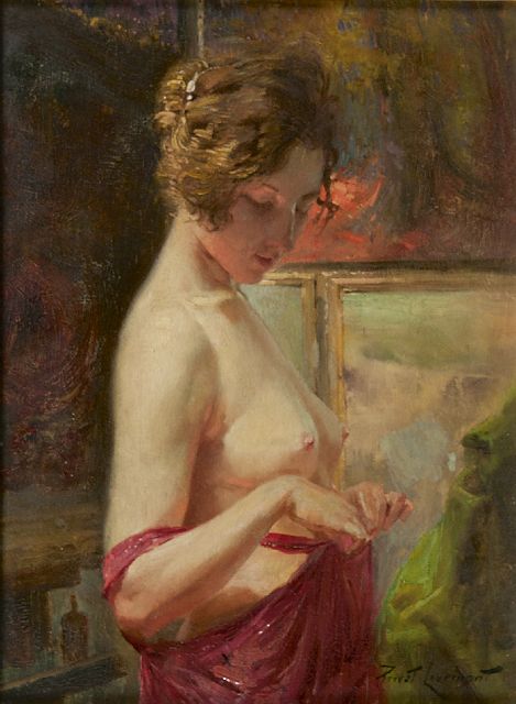 Privat Livemont | A young woman, undressing, Öl auf Holz, 29,8 x 22,7 cm, signed l.r.