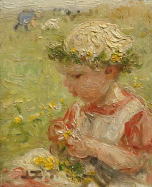 Jan Zoetelief Tromp | Little girl picking flowers, Öl auf Holz, 9,3 x 7,3 cm, signed l.l. with initials and in full on the reverse