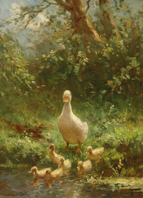 Constant Artz | A duck with six ducklings on a river bank, Öl auf Holz, 24,1 x 18,0 cm, signed l.l.