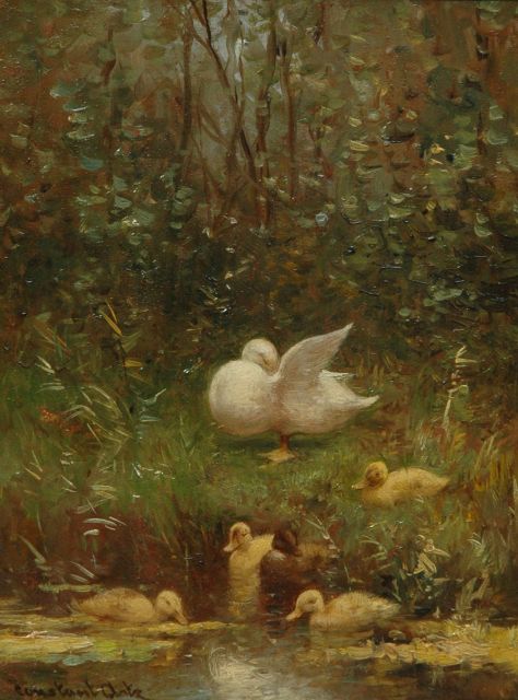 Constant Artz | Duck with ducklings watering, Öl auf Holz, 24,0 x 18,0 cm, signed l.l.