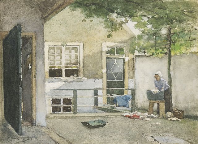 Jan Hendrik Weissenbruch | Washday; a view from the painter's studio located on the Kazernestraat in The Hague, Schwarze Kreide, Aquarell und Gouache auf Malerholzfaser, 52,8 x 71,8 cm, signed l.l.