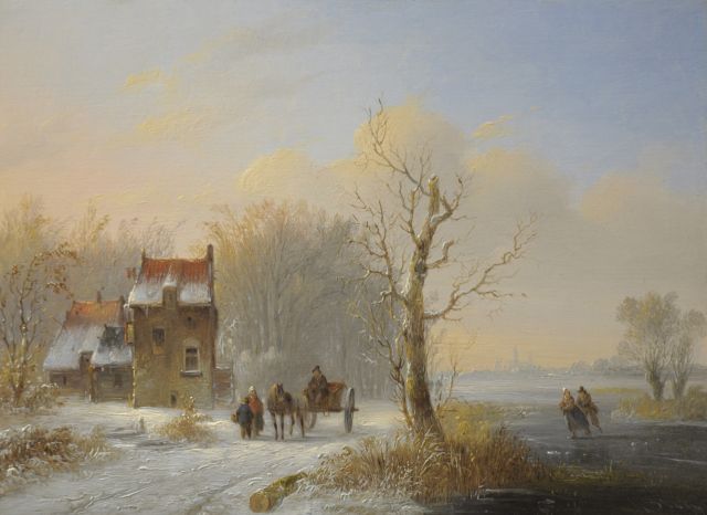Stok J. van der | Winter scene with skaters and horse cart, Öl auf Holz 19,6 x 26,4 cm, signed l.r.
