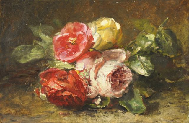 Anna Peters | Rosen auf Waldboden, Öl auf Leinwand, 21,5 x 31,5 cm, Unterzeichnet l.u.