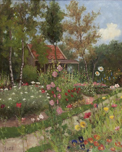 Eldina van Limburg Stirum | A flower garden with a house, Öl auf Leinwand, 80,5 x 65,7 cm, signed l.l. with initials